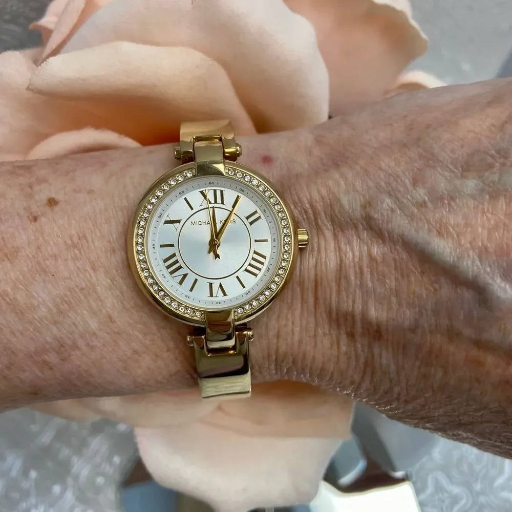 Michael Kors Mini Laney Crystal Accented Bezel Gold-Tone Bangle Watch